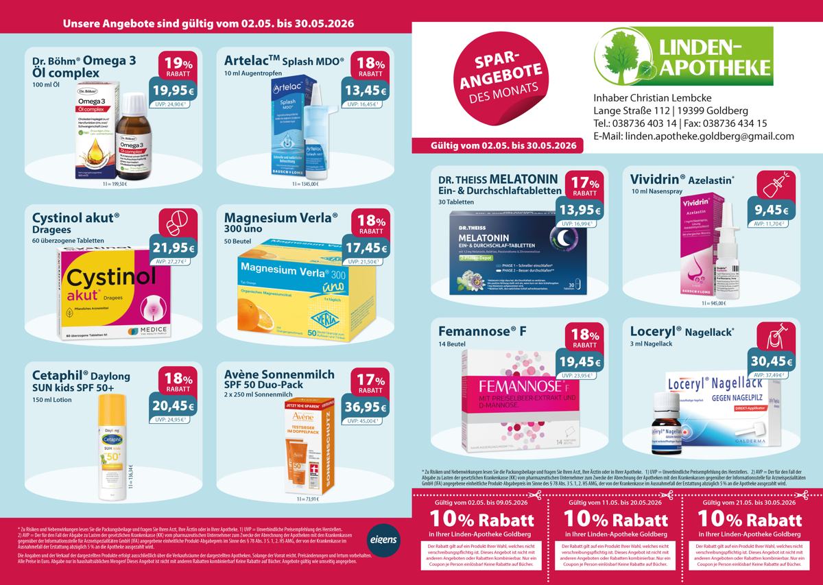 Monatlicher Angebotsflyer der Apotheke mit Informationen zu Öffnungszeiten, Leistungen, Aktionen und wechselnden Produkten aus Gesundheit und Pflege.